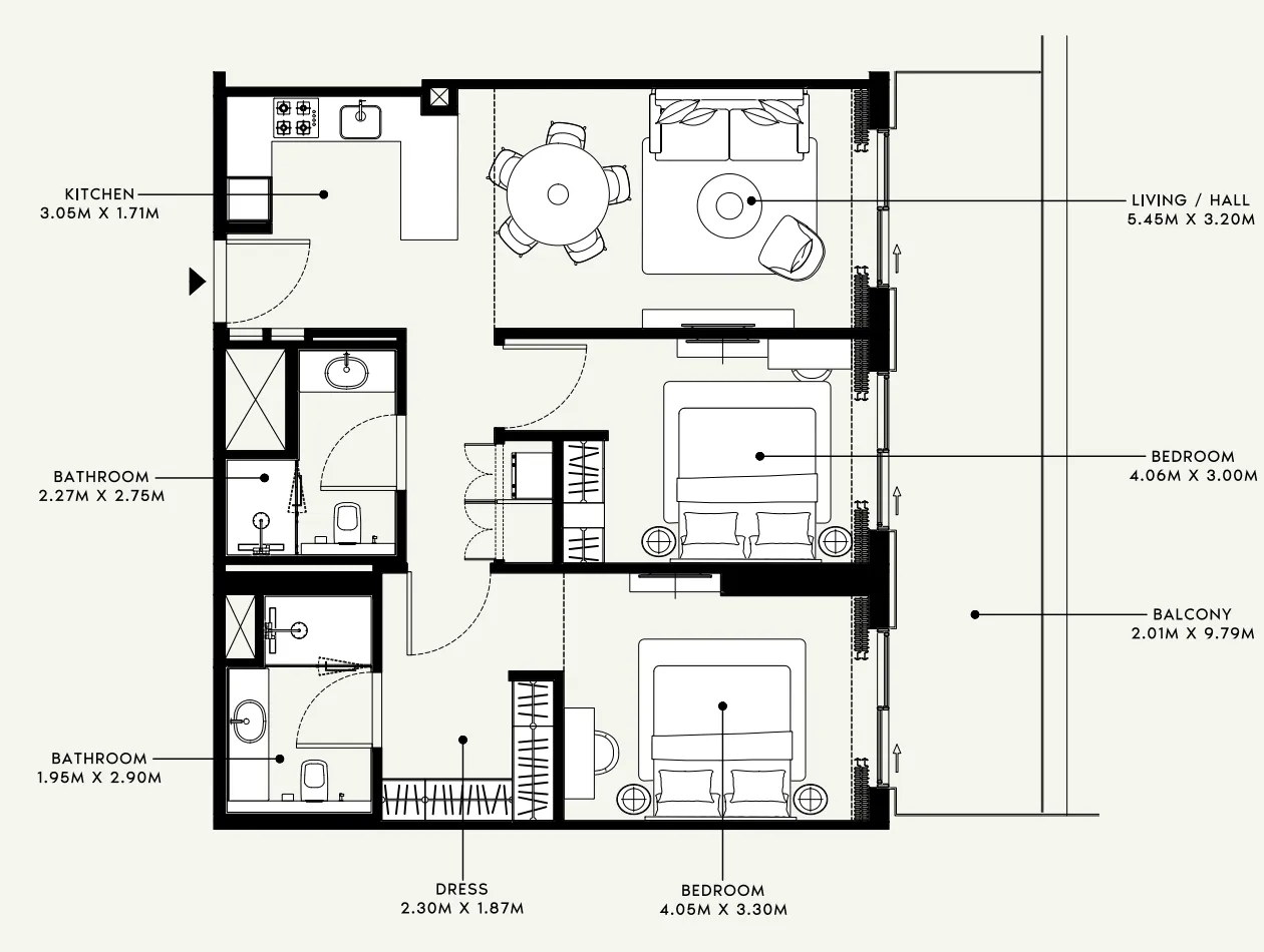 Azizi Venice 2 bed floor plan, 1,156 sqft