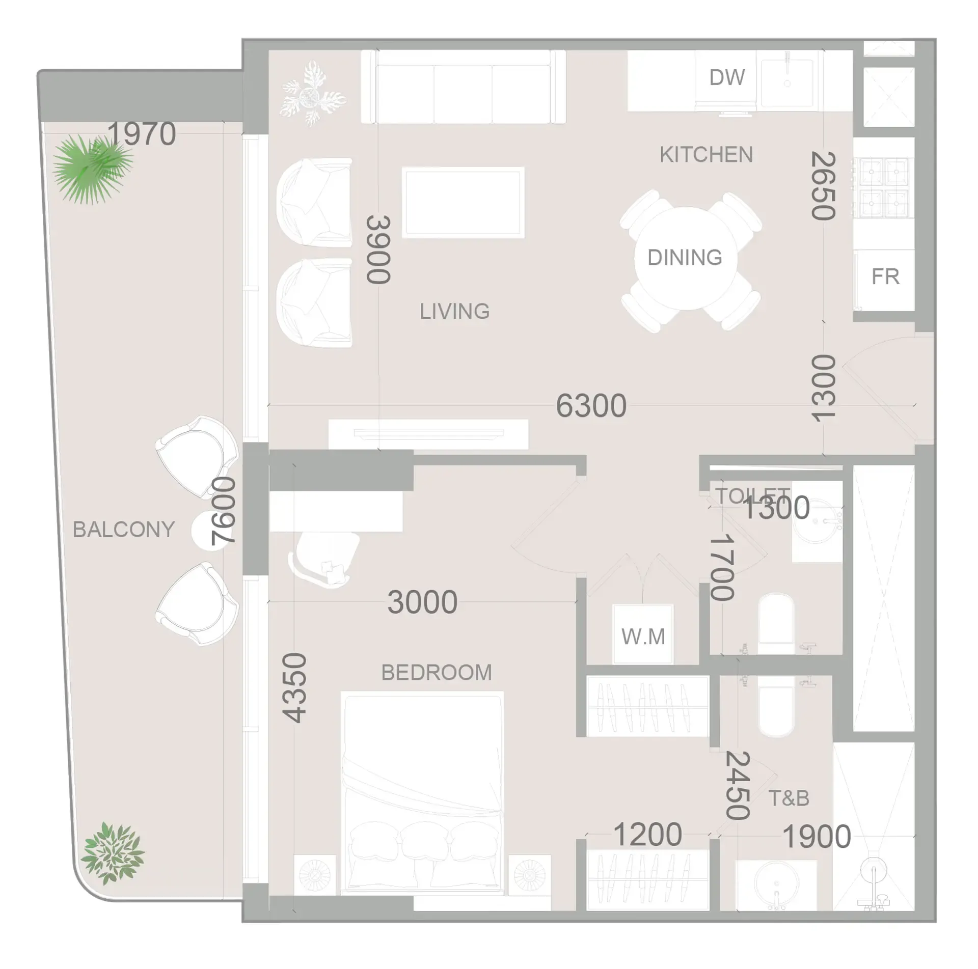 ELAR1S Sky 1 bed floor plan, 728 sqft