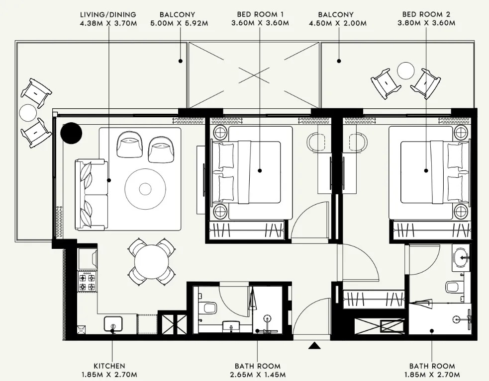 Azizi Venice 2 bed floor plan, 1,093 sqft