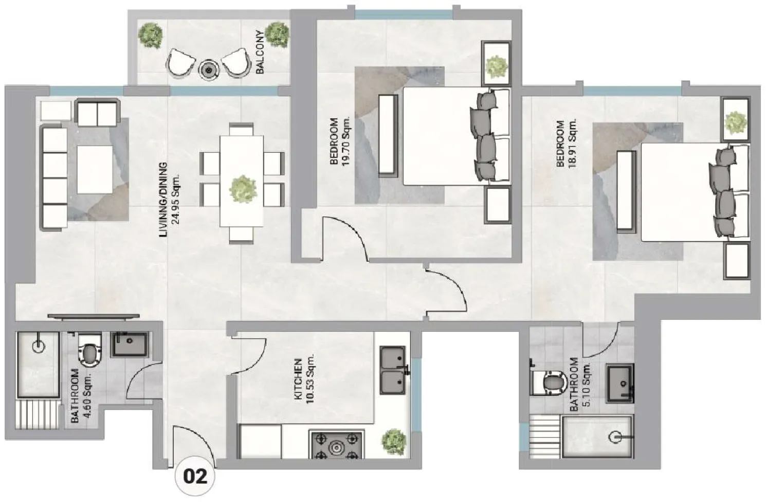 Barajeel Towers 2 bed floor plan, 1,900 sqft