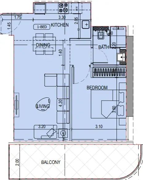 Binghatti Sky Terraces 1 bed floor plan, 726 sqft