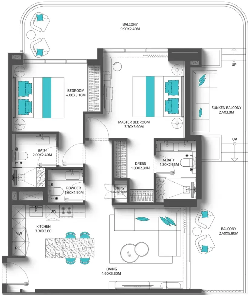 Reef 997 2 bed floor plan, 477 – 1,470 sqft