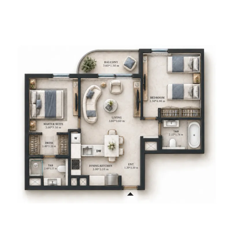 Verso 2 bed floor plan, 768 sqft
