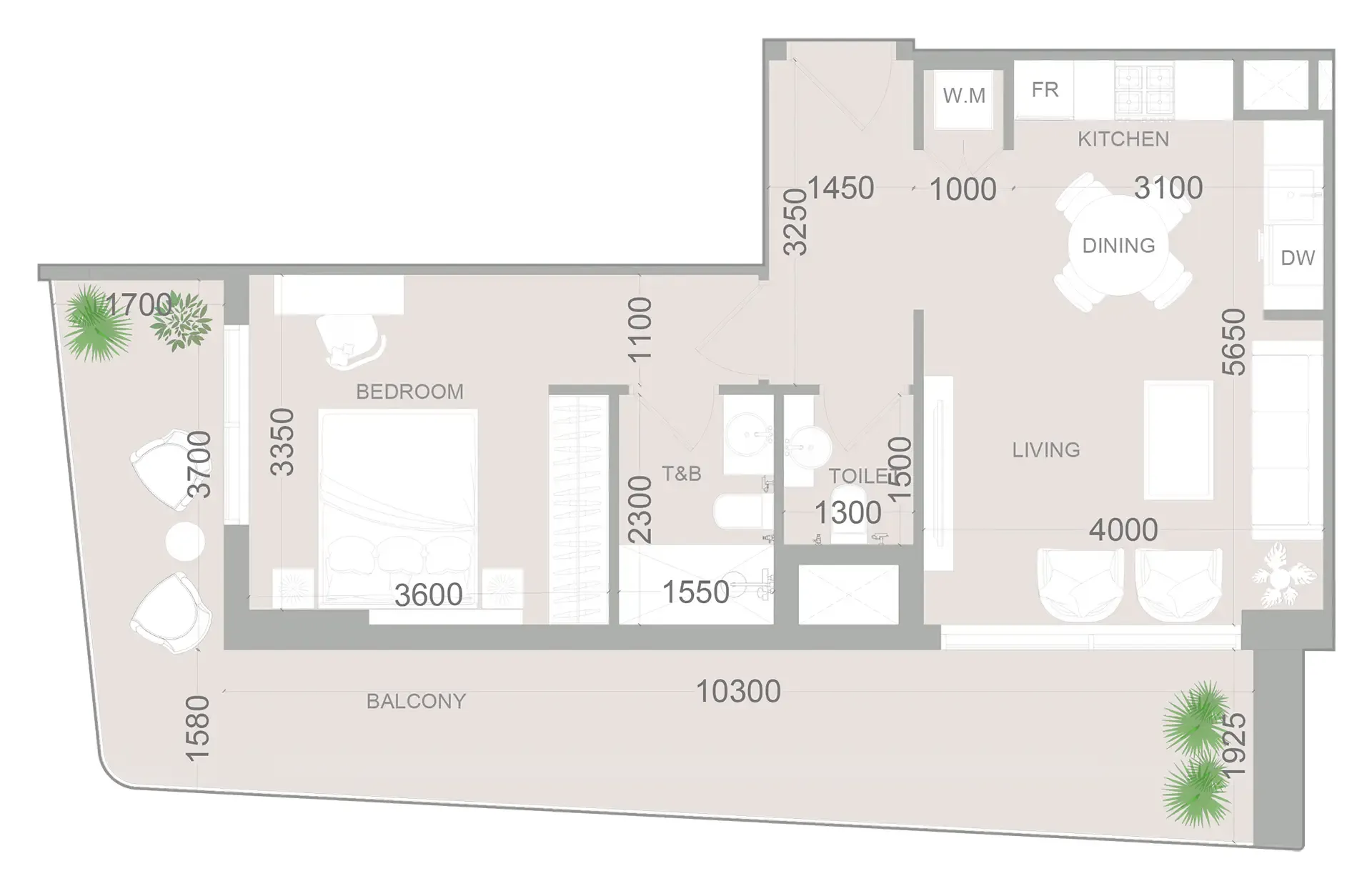 ELAR1S Sky 1 bed floor plan, 855 sqft