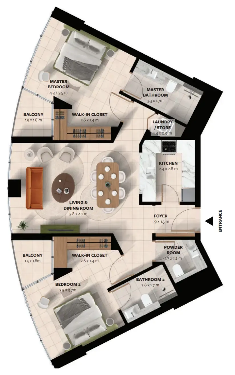 Waada Dubai South 2 bed floor plan, 1,154 sqft