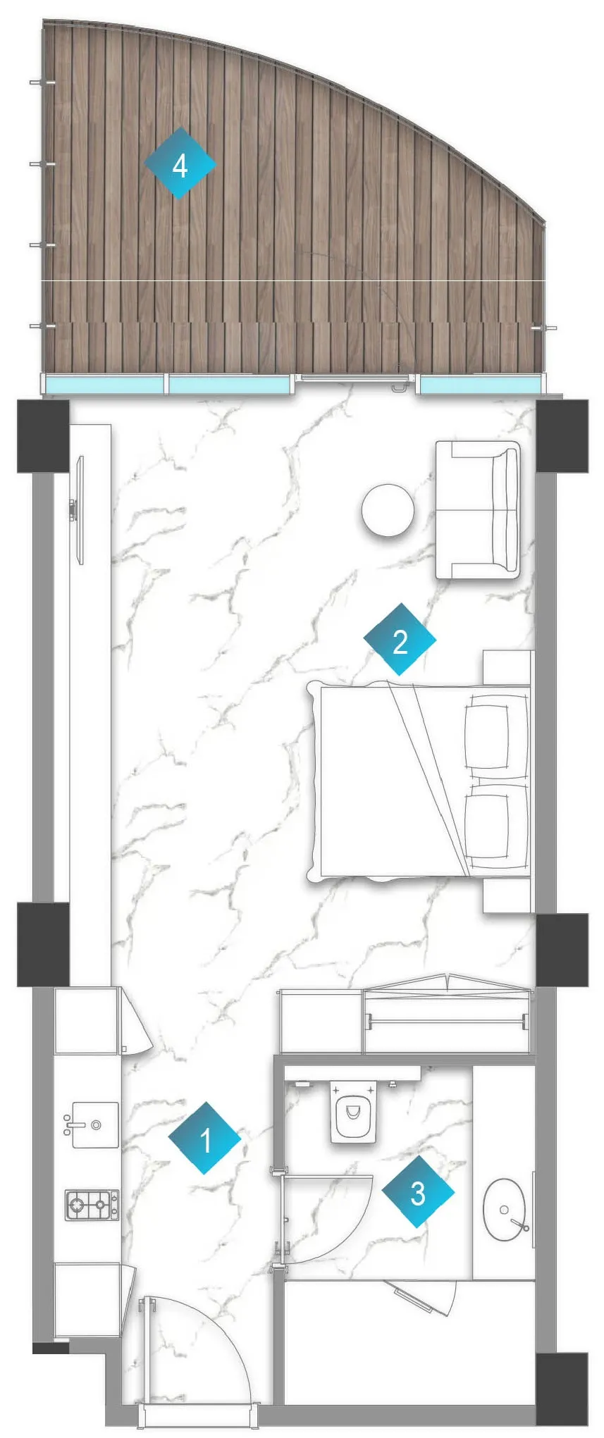 Aqua Arc Studio floor plan, 647 sqft