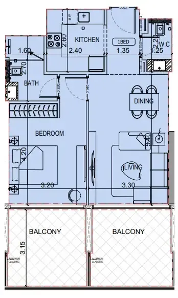 Binghatti Luxuria 1 bed floor plan, 838 sqft
