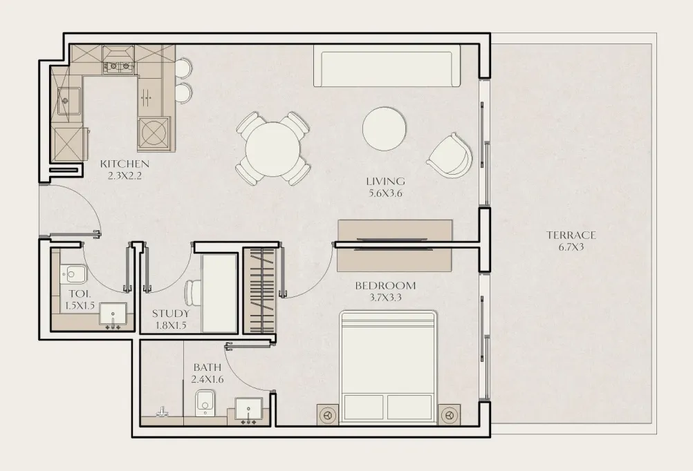 Tavora Residences 1 bed floor plan, 827 – 842 sqft
