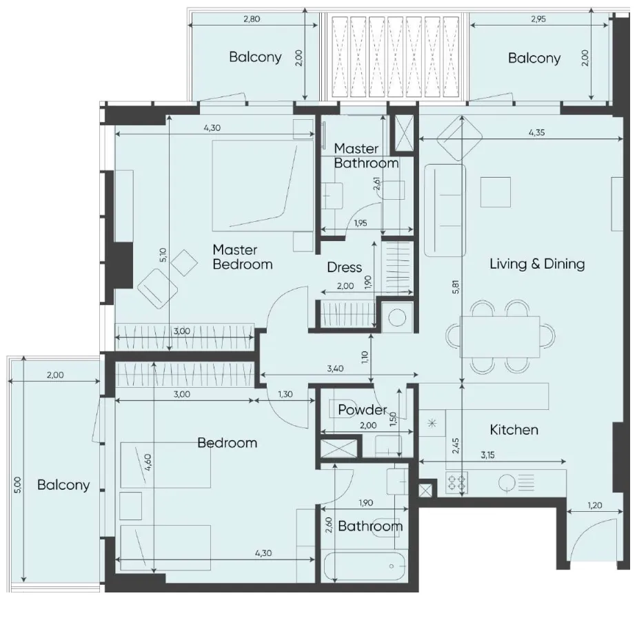 Sea Legend Tower One 2 bed floor plan, 1,393 sqft