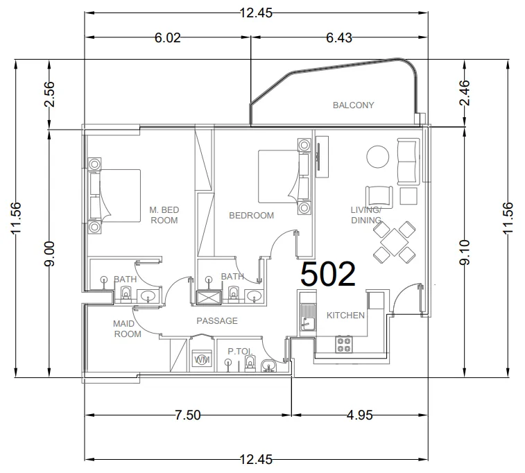 Whitecliffs Residences 2 bed floor plan, 1,261 sqft
