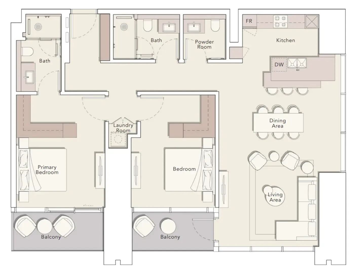 One River Point 2 bed floor plan, 1,490 sqft