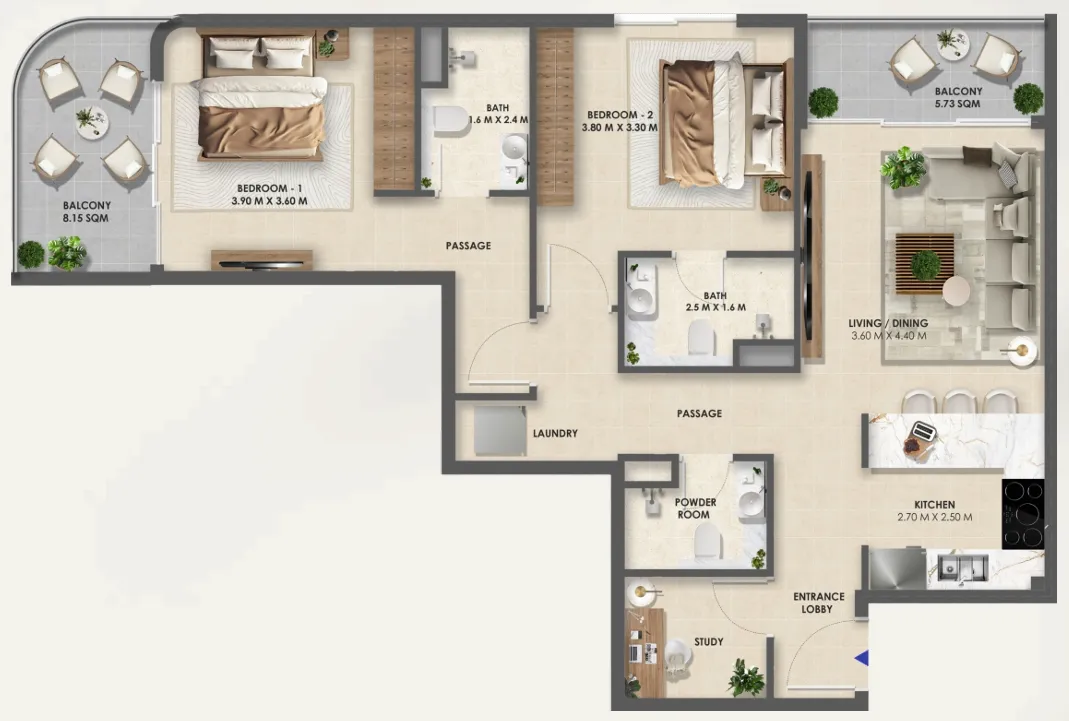 Vivida Residences 2 bed floor plan, 1,086 sqft