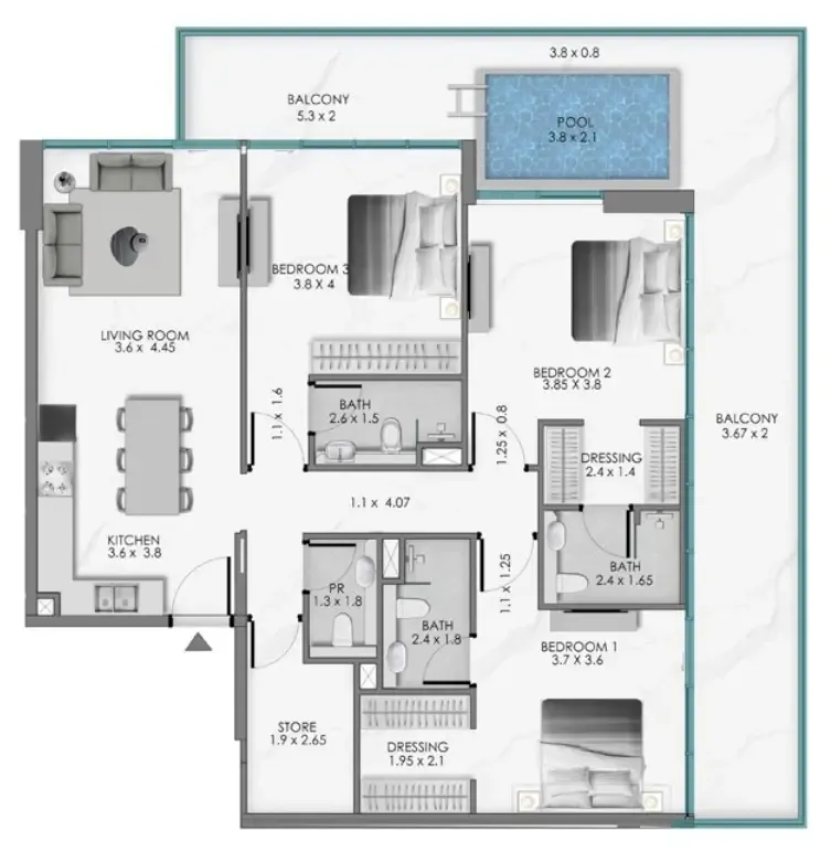 Samana Ocean Bay 3 bed floor plan, 1,839 sqft