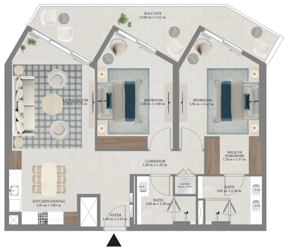 Fior 1 2 bed floor plan, 1,345 sqft