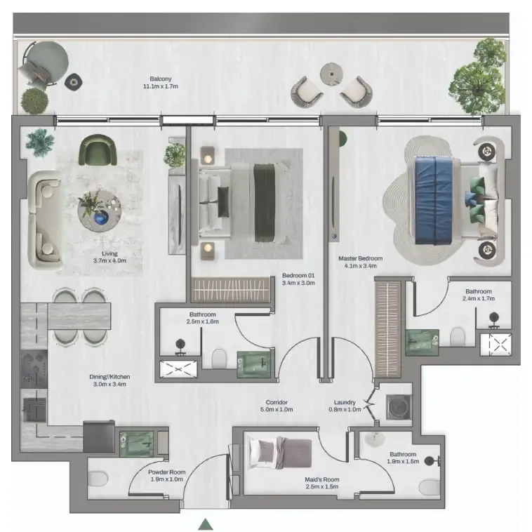 Oceara Park View Residences Phase 1 2 bed floor plan, 1,187 sqft