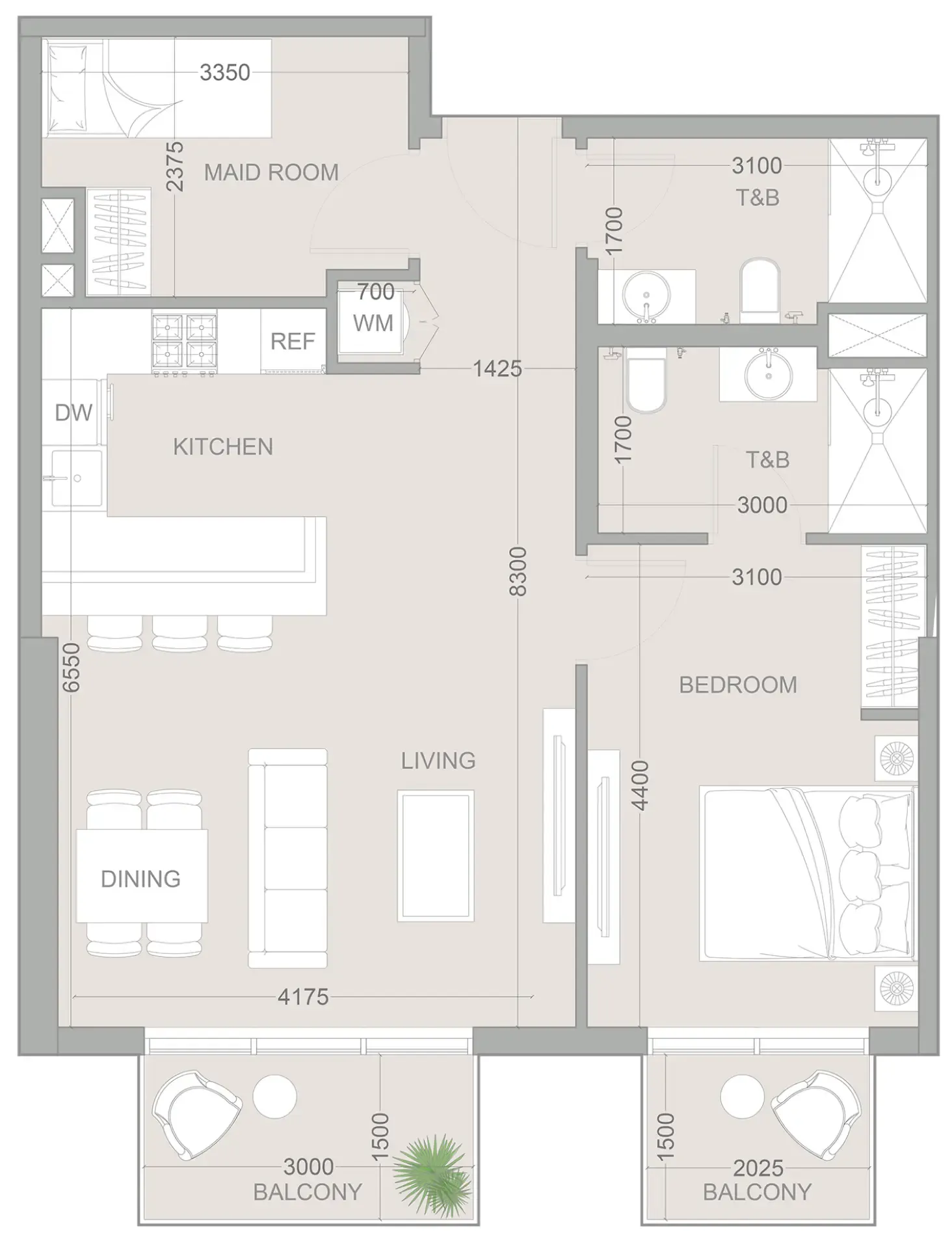 1WOOD Residence 2 1 bed floor plan, 860 sqft