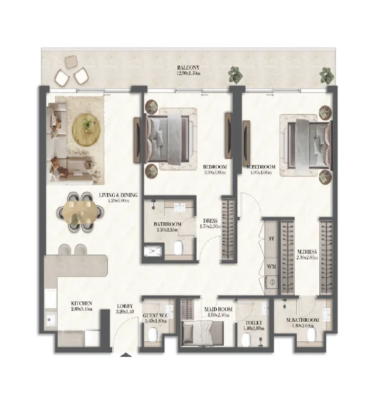 Rotana Residences North Tower 2 bed floor plan, 1,400 sqft