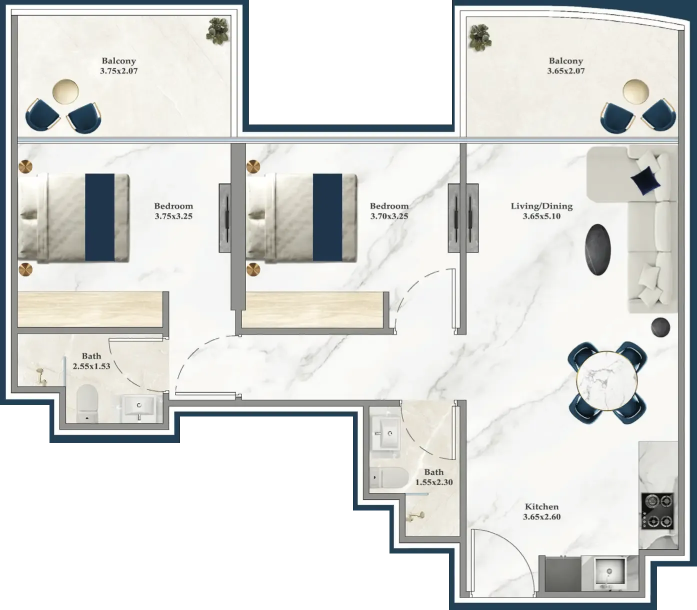 Serenz 2 bed floor plan, 853 sqft