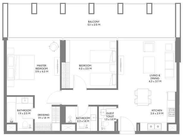 Safa Parkview 2 bed floor plan, 1,233 sqft