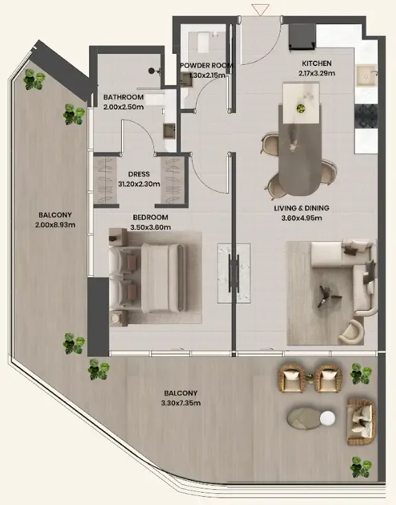 Divine Al Barari 1 bed floor plan, 1,060 sqft