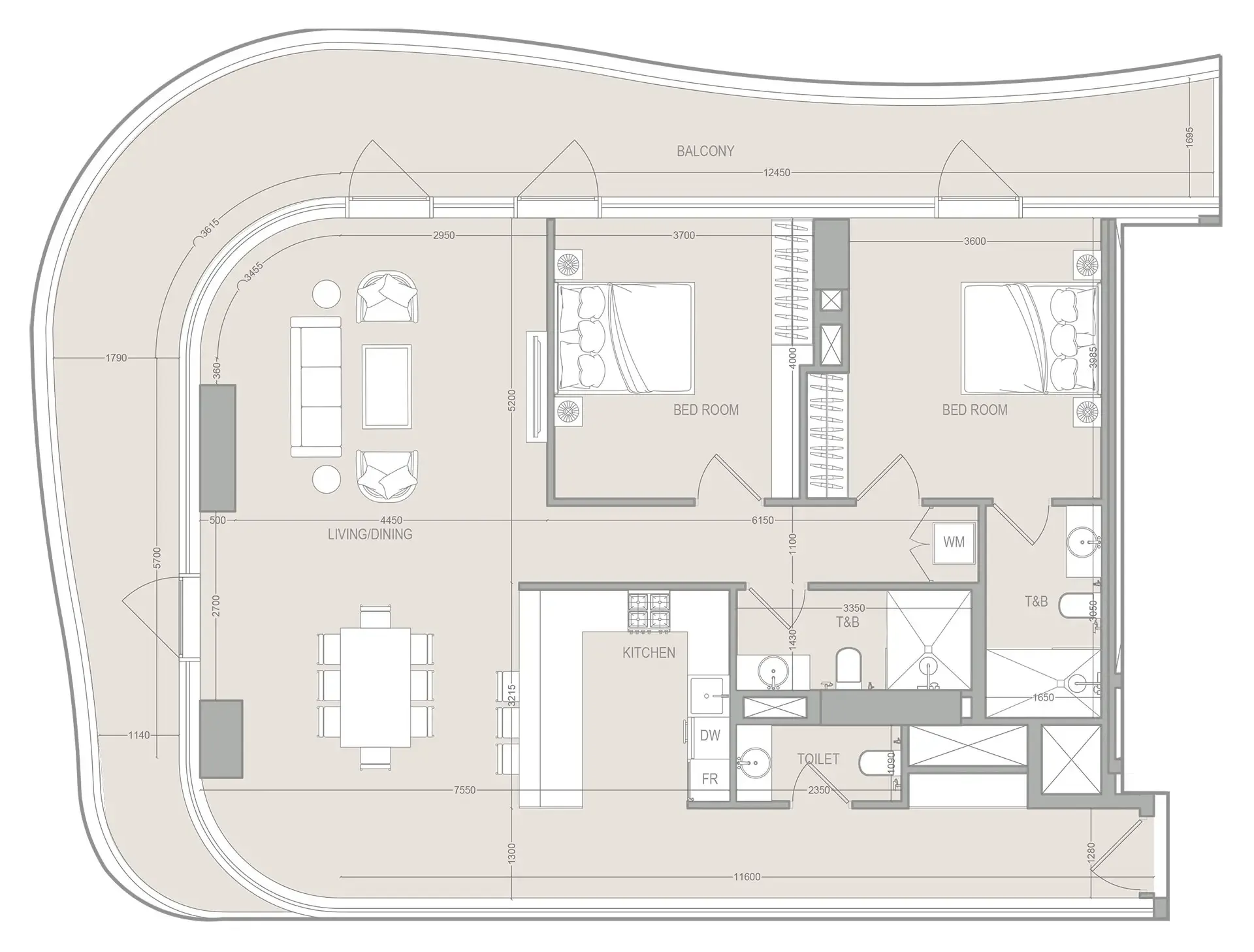 A1LA Residence 2 bed floor plan, 1,882 sqft