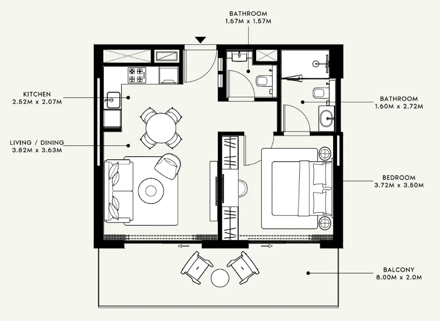 Azizi Venice 1 bed floor plan, 724 sqft
