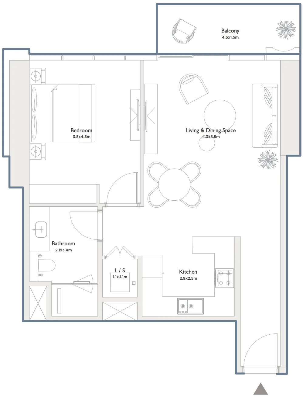 Serenia District West Residence 1 bed floor plan, 834 sqft