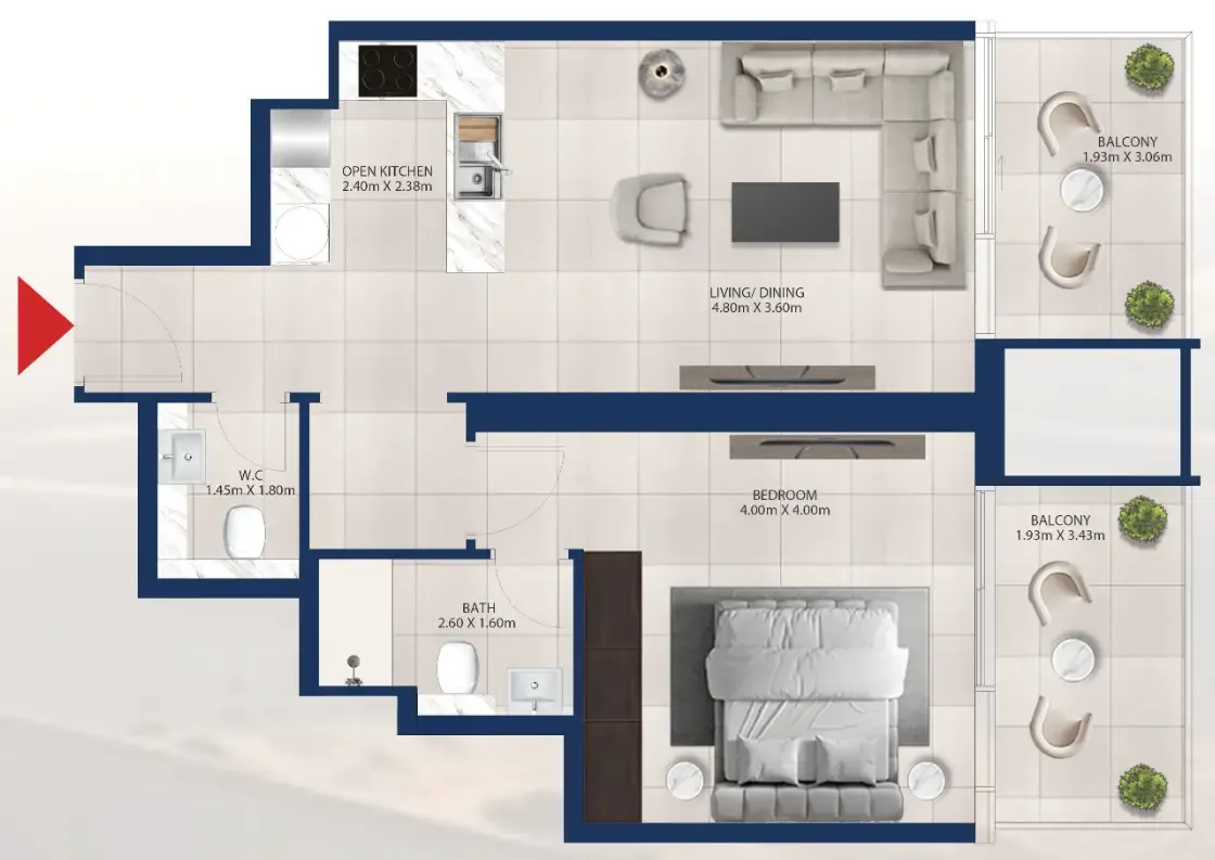 Al Vista 1 bed floor plan, 799 sqft