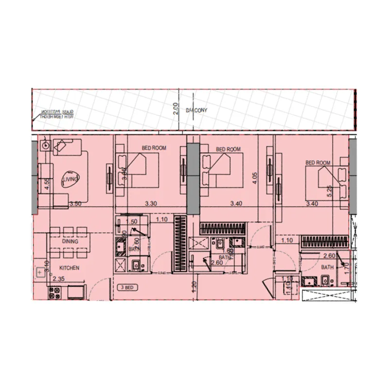 Binghatti Flare 3 bed floor plan, 1,560 sqft