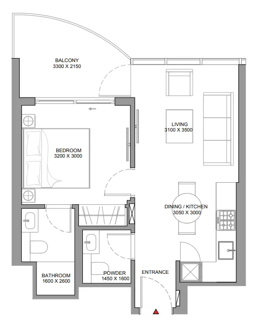 Sobha Aquamont 1 bed floor plan, 561 – 565 sqft