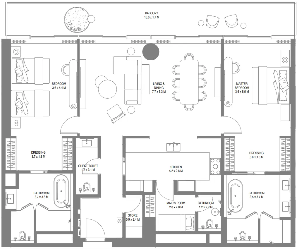 Anantara Sharjah Resort 2 bed floor plan, 2,224 sqft