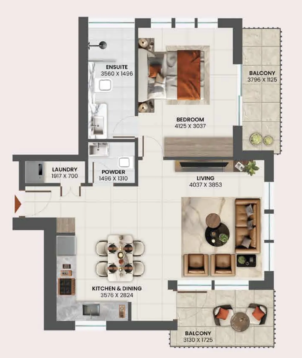 Sunvale 1 bed floor plan, 733 sqft