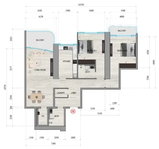 Al Ghaf Tower 2 bed floor plan, 1,476 sqft