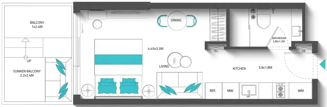 Reef 996 Studio floor plan, 411 – 420 sqft
