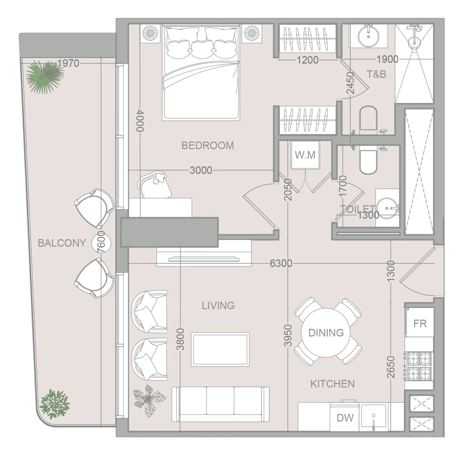 ELAR1S Sky 1 bed floor plan, 728 sqft