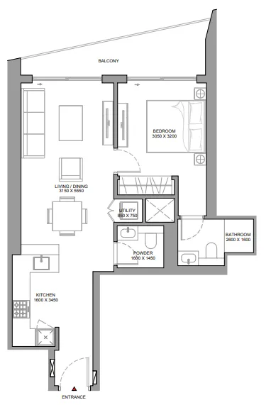 The Eden at Sobha Central 1 bed floor plan, 744 sqft