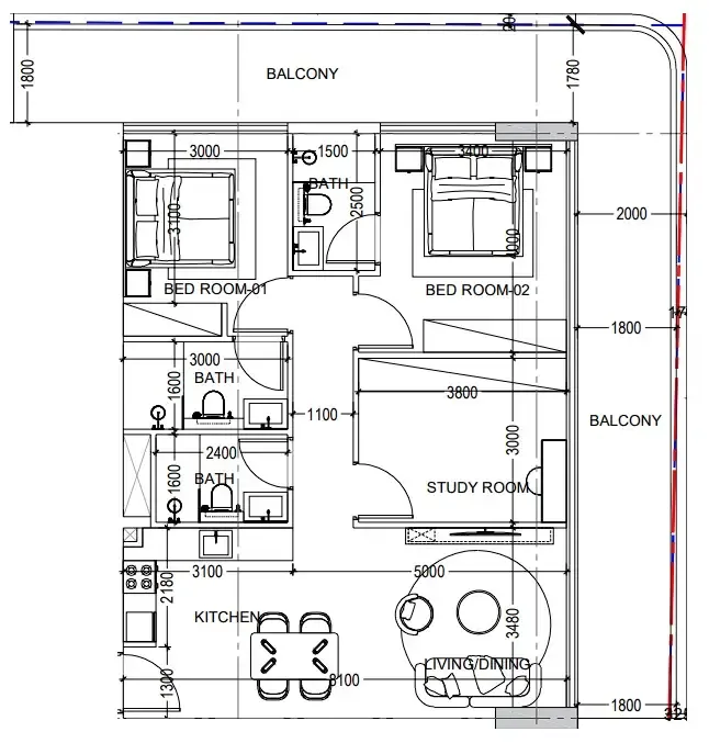 Al Haseen Residences 6 2 bed floor plan, 1,416 sqft