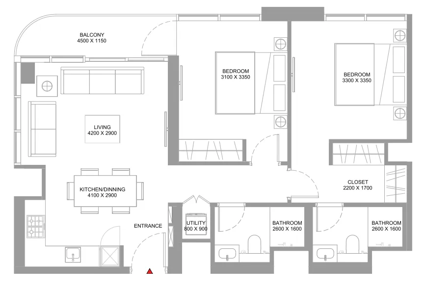 Starline Beach Residences 2 bed floor plan, 864 sqft