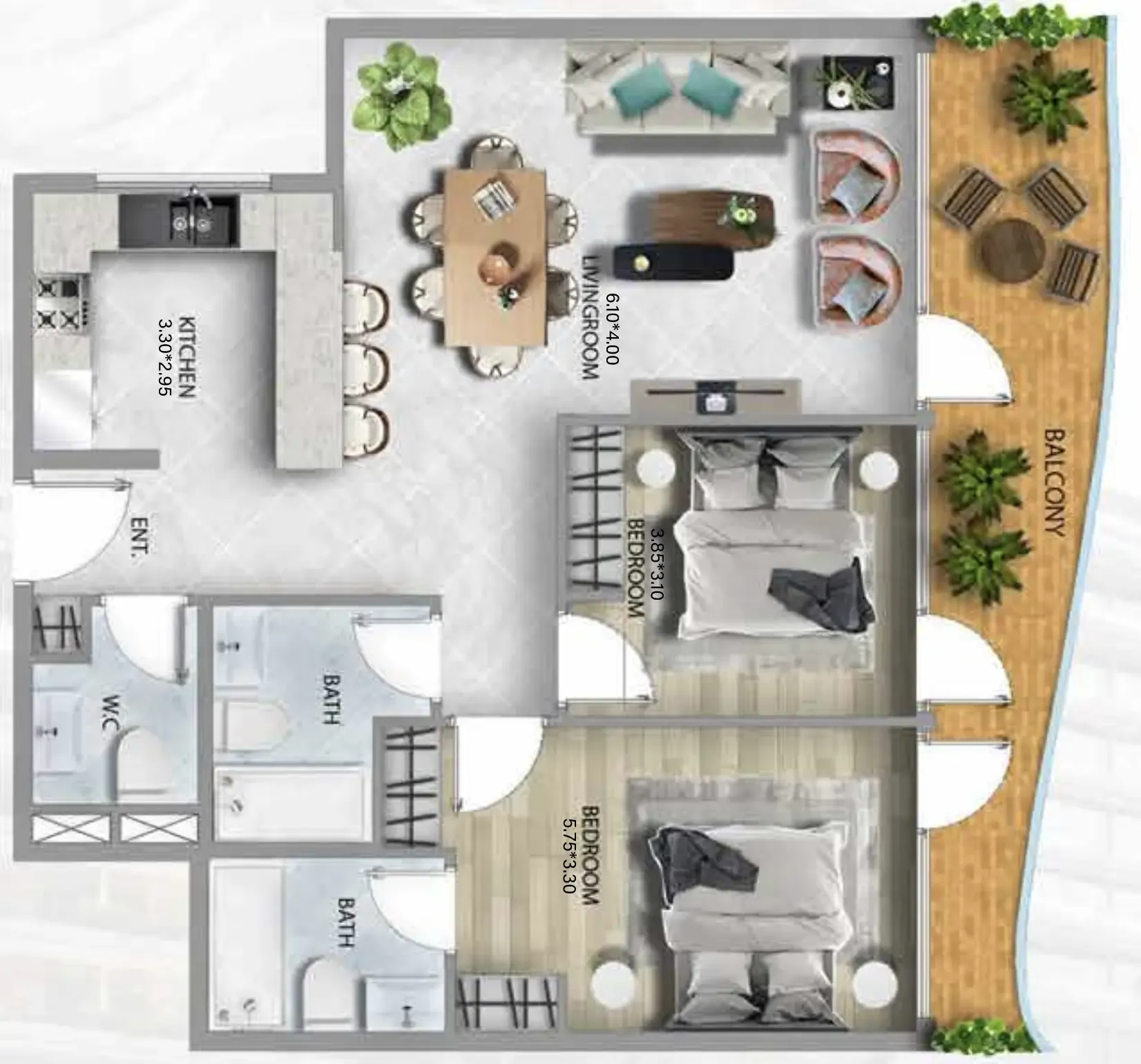 311 Boulevard 2 bed floor plan, 1,125 sqft