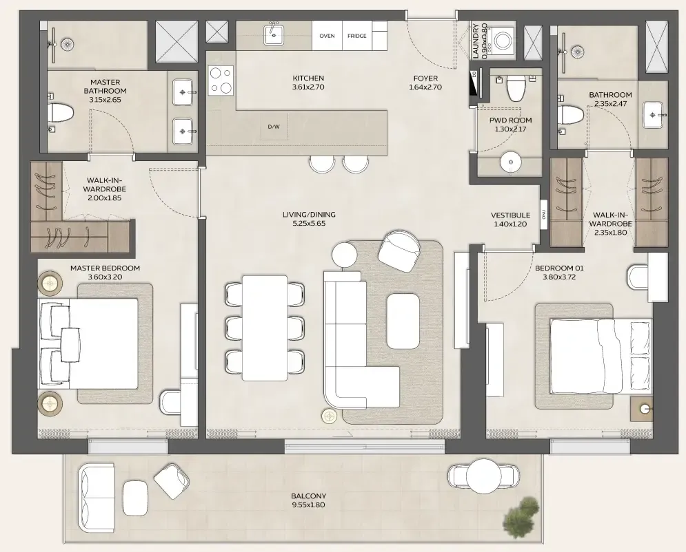 Expo Valley Views - Ghadeer 2 bed floor plan, 1,360 sqft