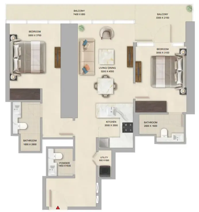 The Pinnacle at Sobha Central 2 bed floor plan, 1,086 sqft