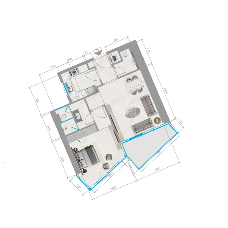 Orchid Towers Phase 1 1 bed floor plan, 751 sqft