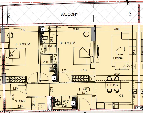 Binghatti Aquarise 2 bed floor plan, 1,353 sqft