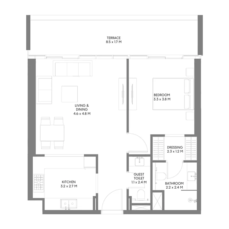The Gate 5 1 bed floor plan, 901 – 915 sqft