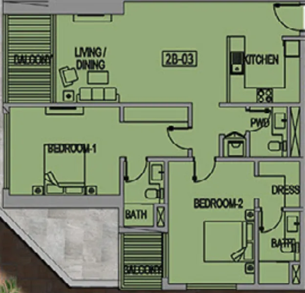 Jade Tower 2 bed floor plan, 1,262 sqft