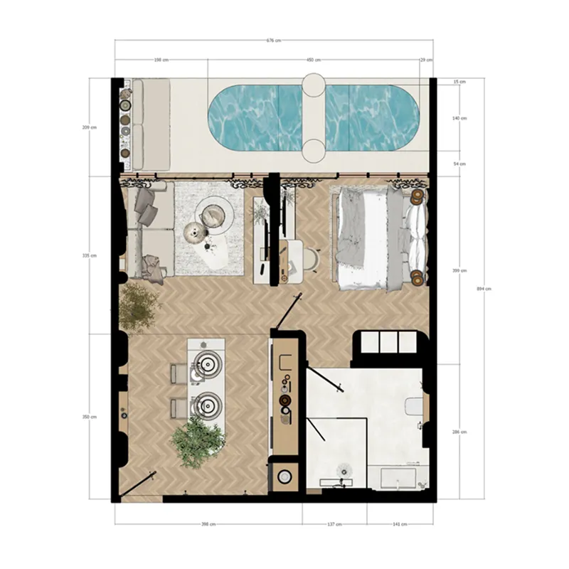 Coco Hills 1 bed floor plan, 645 sqft