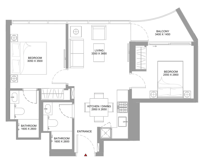 Bayfront Marina Residences 2 bed floor plan, 672 – 676 sqft