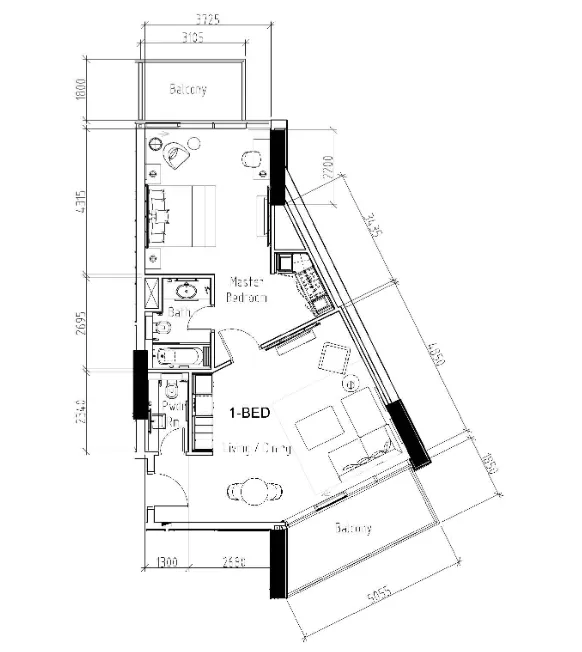 Damac Hills - Radisson Dubai 1 bed floor plan, 901 sqft