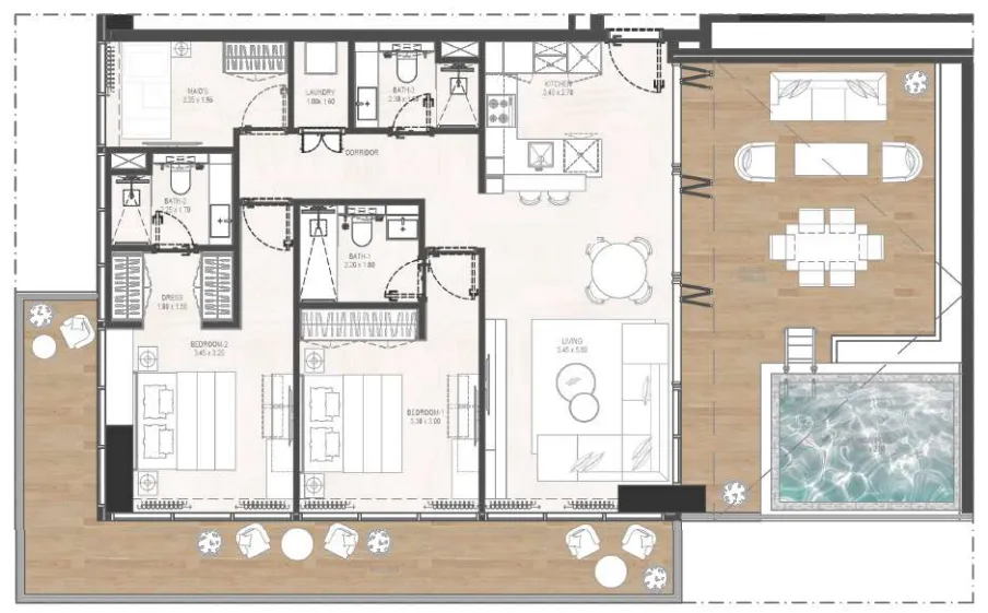 Gharbi 2 Residences 2 bed floor plan, 1,627 sqft