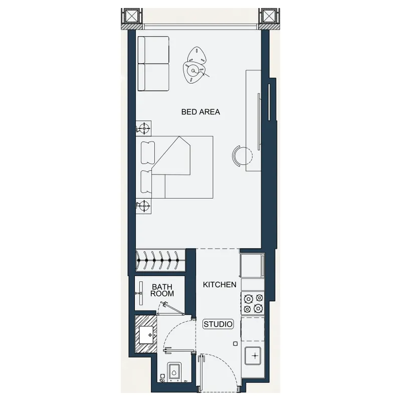 Binghatti Starfall Studio floor plan, 348 – 353 sqft